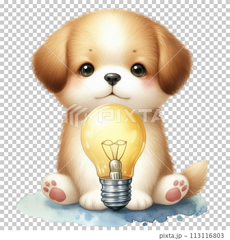 dog holding a light bulb clipart watercolor 113116803