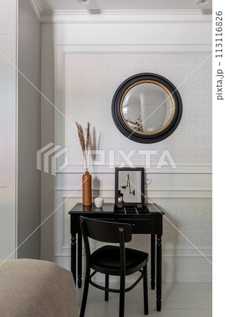Furniture in house desk, chair, mirror on wood wall fixture 113116826