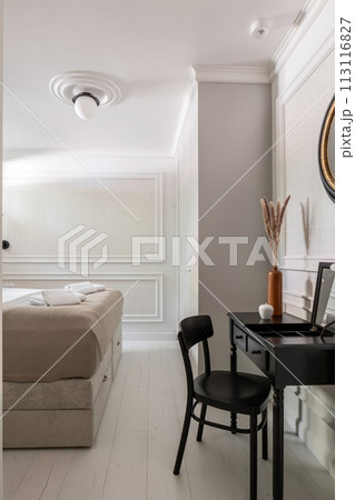 Room with bed, desk, chair, mirror for building interior design 113116827