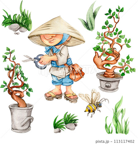 Watercolor hand drawn cute Nordic gnomes, Scandinavian gnomes and flowers and leaves watercolor illustration. Design for baby shower party, birthday, cake, holiday celebration, greetings cards. 113117402