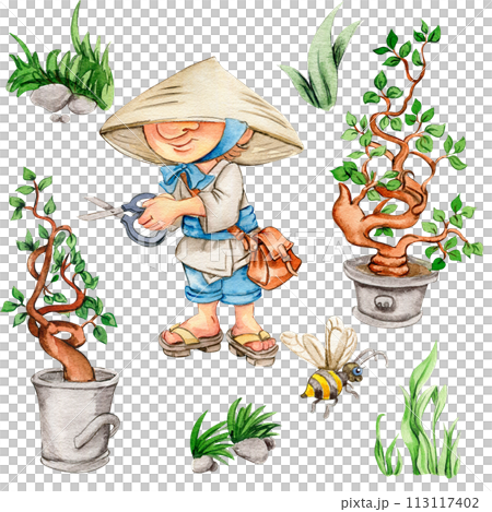 Watercolor hand drawn cute Nordic gnomes, Scandinavian gnomes and flowers and leaves watercolor illustration. Design for baby shower party, birthday, cake, holiday celebration, greetings cards. 113117402