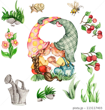 Watercolor hand drawn cute Nordic gnomes, Scandinavian gnomes and flowers and leaves watercolor illustration. Design for baby shower party, birthday, cake, holiday celebration, greetings cards. 113117403