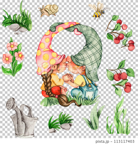 Watercolor hand drawn cute Nordic gnomes, Scandinavian gnomes and flowers and leaves watercolor illustration. Design for baby shower party, birthday, cake, holiday celebration, greetings cards. 113117403