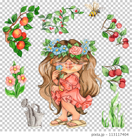 Watercolor hand drawn cute Nordic gnomes, Scandinavian gnomes and flowers and leaves watercolor illustration. Design for baby shower party, birthday, cake, holiday celebration, greetings cards. 113117404