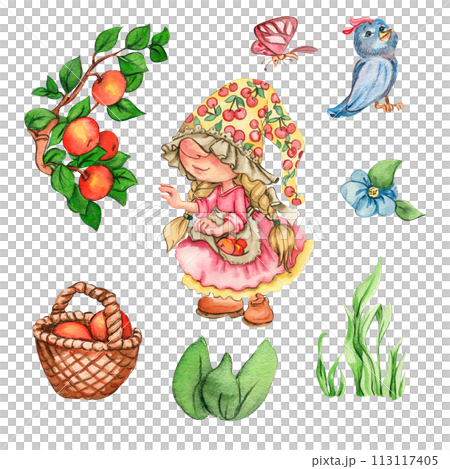 Watercolor hand drawn cute Nordic gnomes, Scandinavian gnomes and flowers and leaves watercolor illustration. Design for baby shower party, birthday, cake, holiday celebration, greetings cards. 113117405