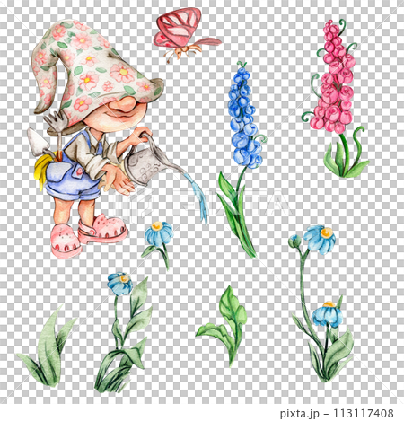 Watercolor hand drawn cute Nordic gnomes, Scandinavian gnomes and flowers and leaves watercolor illustration. Design for baby shower party, birthday, cake, holiday celebration, greetings cards. Watercolor hand drawn cute Nordic gnomes, Scandinavian gnomes and flowers and leaves watercolor illustration. Design for baby shower party, birthday, cake, holiday celebration, greetings cards. 113117408