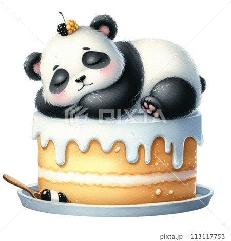 Panda sleeping on cake clipart watercolor 113117753