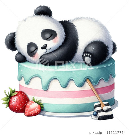 Panda sleeping on cake clipart watercolor 113117754
