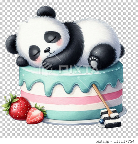 Panda sleeping on cake clipart watercolor 113117754