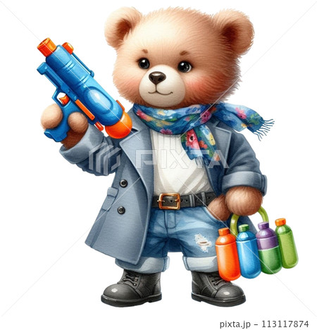 Bear holding a water gun  clipart watercolor 113117874