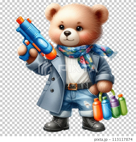 Bear holding a water gun  clipart watercolor 113117874
