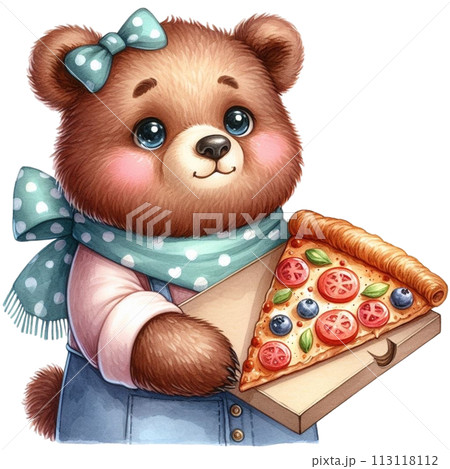 bear holding pizza clipart watercolor 113118112