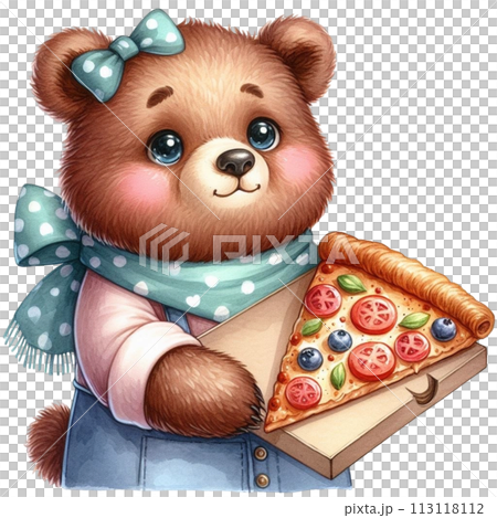 bear holding pizza clipart watercolor 113118112