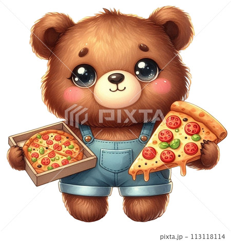 bear holding pizza clipart watercolor 113118114