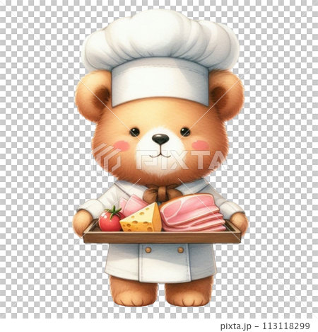 Bear wearing a chef's uniform holding cheese and ham clipart watercolor Bear wearing a chef's uniform holding cheese and ham clipart watercolor 113118299