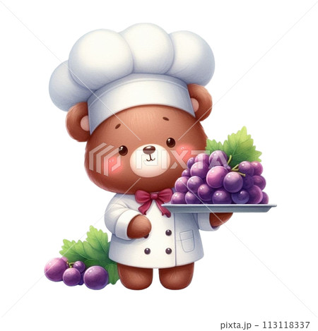 Bear wearing a chef's uniform holding grapes  clipart watercolor 113118337