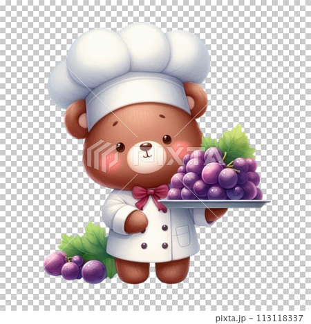 Bear wearing a chef's uniform holding grapes  clipart watercolor 113118337