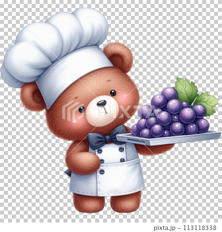 Bear wearing a chef's uniform holding grapes  clipart watercolor 113118338