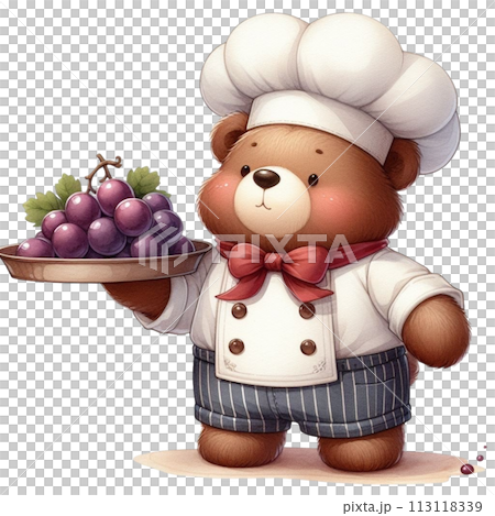 Bear wearing a chef's uniform holding grapes clipart watercolor Bear wearing a chef's uniform holding grapes clipart watercolor 113118339
