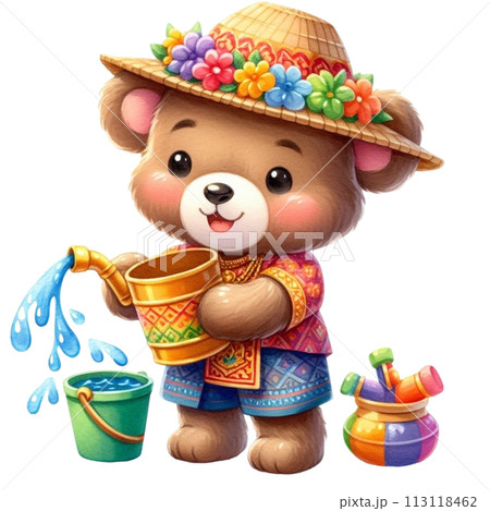 Bear wearing Thai clothes playing in the water clipart watercolor 113118462