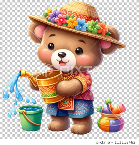 Bear wearing Thai clothes playing in the water clipart watercolor 113118462