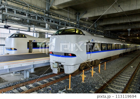 敦賀駅の特急ホームに並ぶサンダーバード 113119694