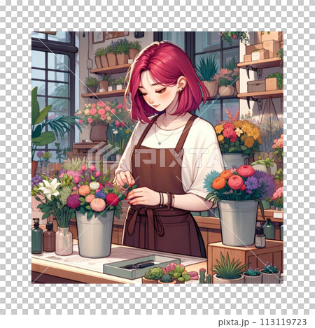 お花屋さんで働く若い女性　漫画　Generative AI 113119723