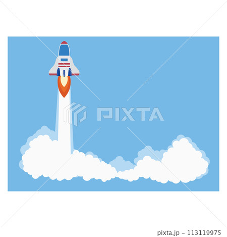 企業のビジネスのスタートアップのイメージとロケットの高速打ち上げしている空のイラスト 113119975