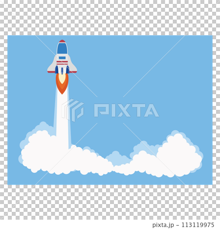 企業のビジネスのスタートアップのイメージとロケットの高速打ち上げしている空のイラスト 113119975