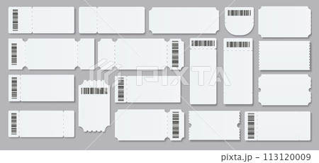 Ticket Empty template. Concert movie theater boarding blank white tickets lottery coupons . Vector Ticket Empty template. Concert movie theater boarding blank white tickets lottery coupons . Vector 113120009