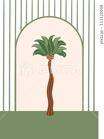 Tropical palm tree poster. Hand drawn palm tree framed, cute summer beach vector card 113120098