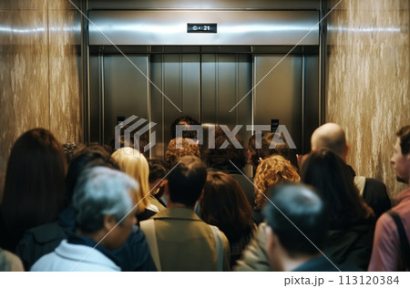 Office building elevator queue 113120384