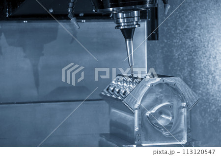 The 5-axis machining center cutting the V8 engine cylinder block with solid ball end mill tool. 113120547