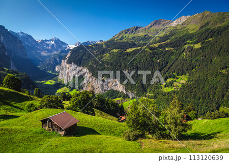 Rural huts on the green slopes near Wengen, Switzerland Rural huts on the green slopes near Wengen, Switzerland 113120639