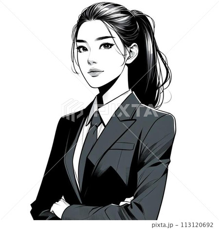 腕組みをして考えるスーツを着た女性のイラスト 113120692