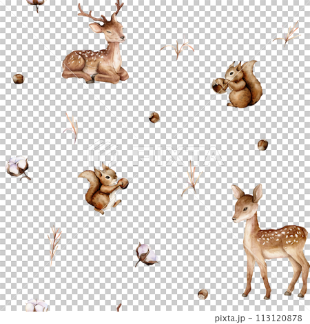 Watercolor seamless pattern with deer and squirrel forest animals and hazelnut. Cute childrens repeat wallpaper muted colored. Flowers and leaves isolated on background. Hand painted illustration Watercolor seamless pattern with deer and squirrel forest animals and hazelnut. Cute childrens repeat wallpaper muted colored. Flowers and leaves isolated on background. Hand painted illustration 113120878
