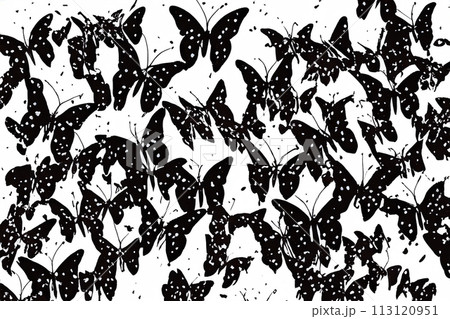 Flock of butterflies silhouette illustration. Black butterflies on white background with watercolor splashes. Seamless pattern with butterflies. Flock of butterflies silhouette illustration. Black butterflies on white background with watercolor splashes. Seamless pattern with butterflies. 113120951