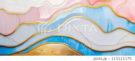 Abstract background with colorful grunge texture with gold, blue and pink splashes and golden lines. Banner with copy space Abstract background with colorful grunge texture with gold, blue and pink splashes and golden lines. Banner with copy space 113121170