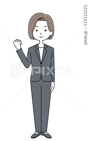 ガッツポーズ　パンツスーツを着た女性のイラスト 113121221
