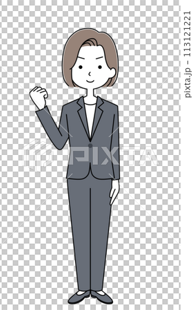 ガッツポーズ　パンツスーツを着た女性のイラスト 113121221