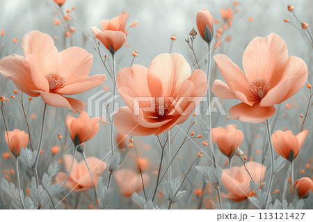 The art of tranquility in a bloom, peach flowers draped in dawns peaceful light, greeting card 113121427