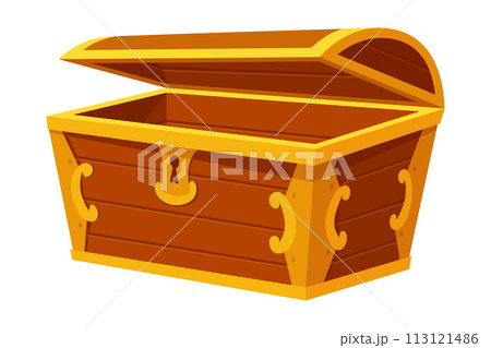 Chest. Game wooden antique box. Empty old wooden chest for gold treasure. Cartoon ancient container for pirates isolated vector icon on white 113121486