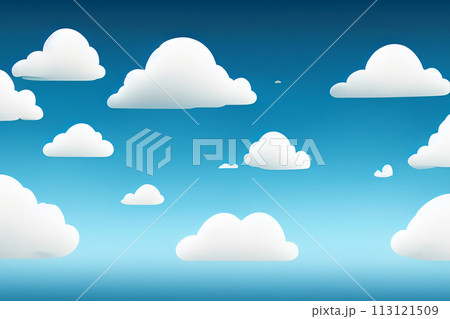 Realistic white cloud background design, empty blue sky illustration template. Clouds in the sky on a blue background. Blue sky background with white clouds. Realistic white cloud background design, empty blue sky illustration template. Clouds in the sky on a blue background. Blue sky background with white clouds. 113121509