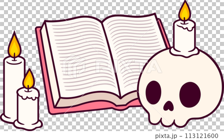 Cute cartoon book, candles and human skull 113121600