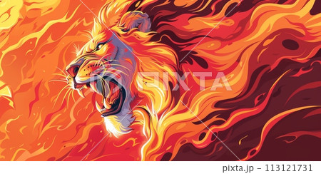 Angry, fiery portrait of lion isolated on the molten red and orange background Angry, fiery portrait of lion isolated on the molten red and orange background 113121731