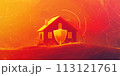 Protect the house concept, protection shield in front of the house isolated on orange and red background 113121761