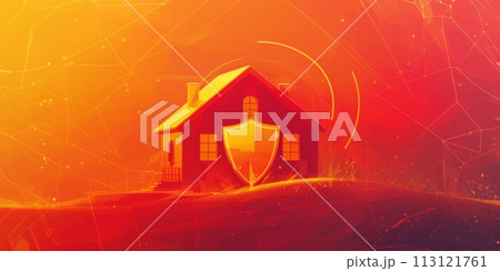 Protect the house concept, protection shield in front of the house isolated on orange and red background Protect the house concept, protection shield in front of the house isolated on orange and red background 113121761