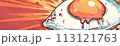 Macro detail to bulls eye egg as pop art style isolated on orange, red and yellow background with copy space 113121763