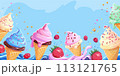 Kind of an ice cream with fruit isolated on the bright blue background with copy space 113121765