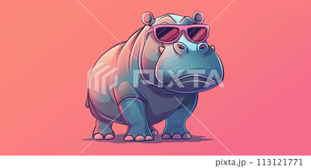 Hippopotamus with a sunglasses on pastel pink color background 113121771